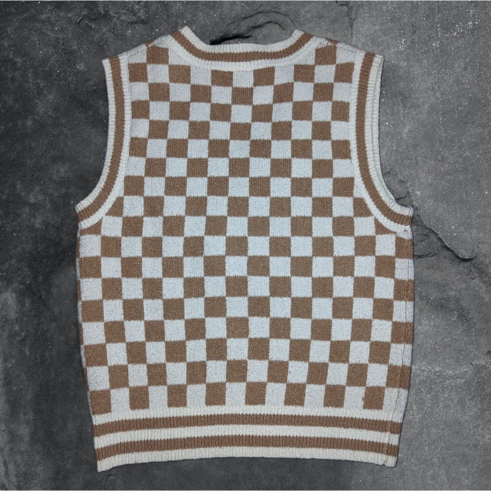 SOLD ABOUND Sweater Vest Tan/Ivory Check Women's Sleeveless V-Neck sz S - Picture 2 of 4